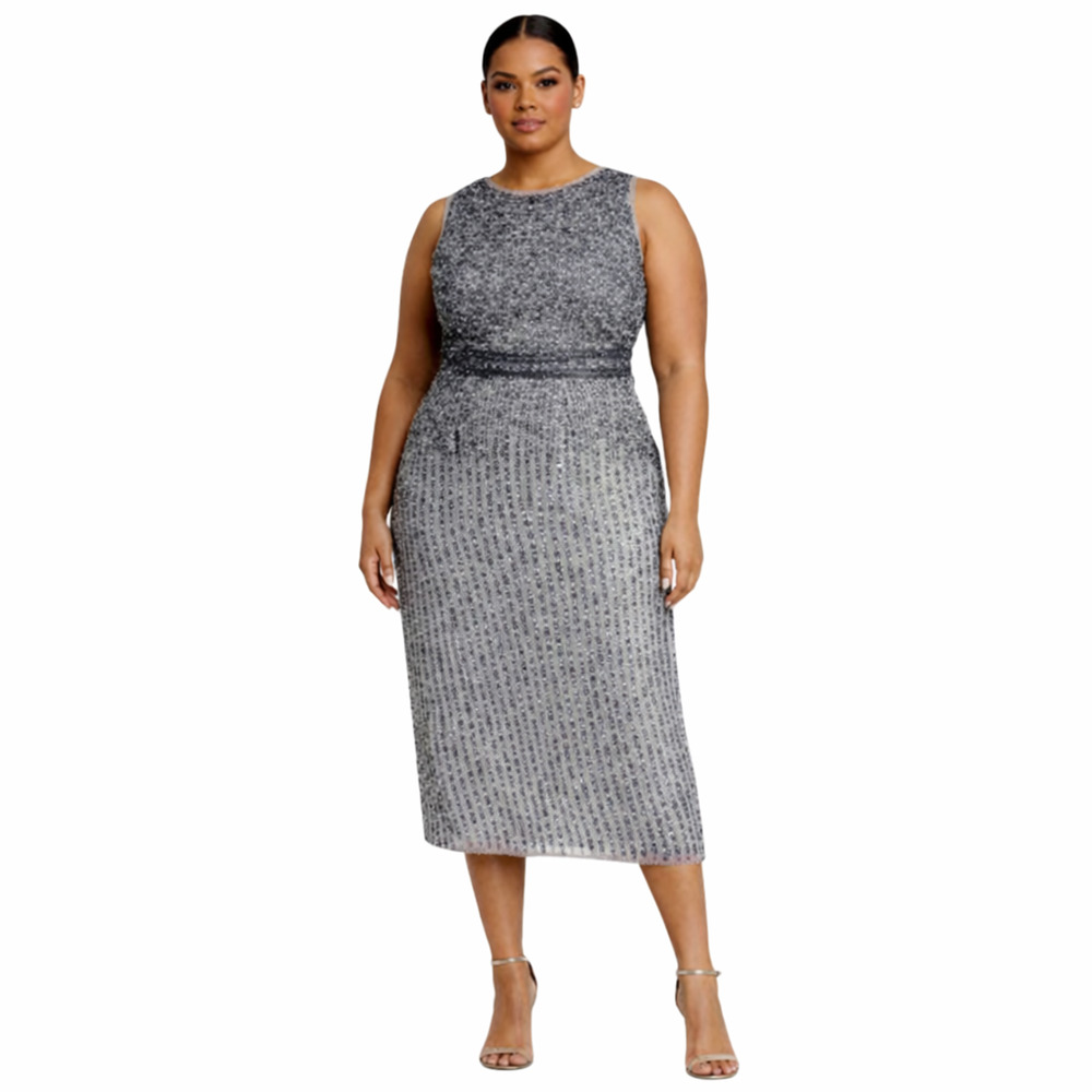 MAC DUGGAL Dress Plus 24 NEW Midi Gray Silver Sequins Wedding Party MotherOf‎